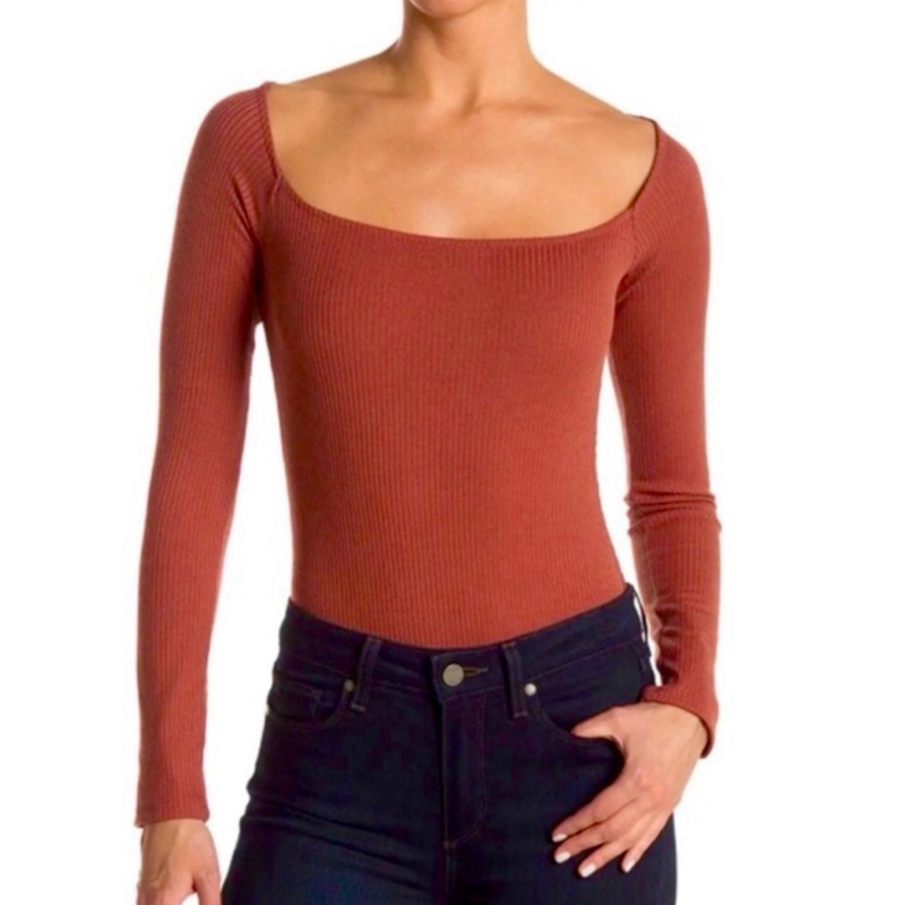 ASTR THE LABEL RIBBED BODYSUIT XL RUST LONG SLEEVE SNAP CROTCH PREPPY NWOT